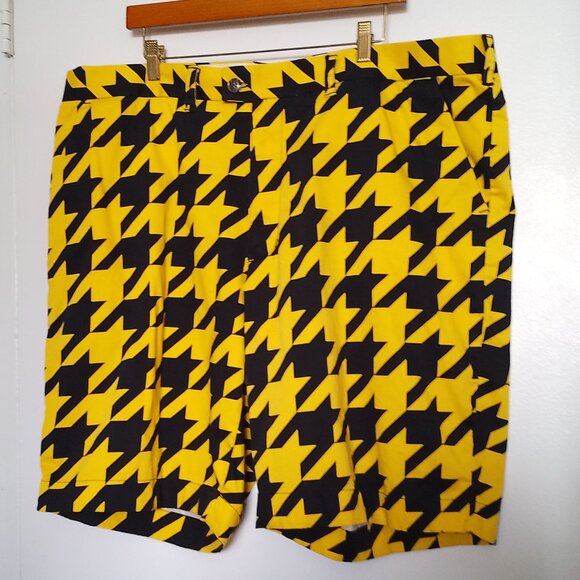 Loudmouth Mens Golf Shorts, 44 x 11, Yellow & Black Houndstooth Print - Picture 1 of 13